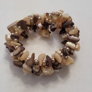 Vintage Shell Chip Cluster Stretch Bracelet w Faux Pearls, Cream & Brown Dangles